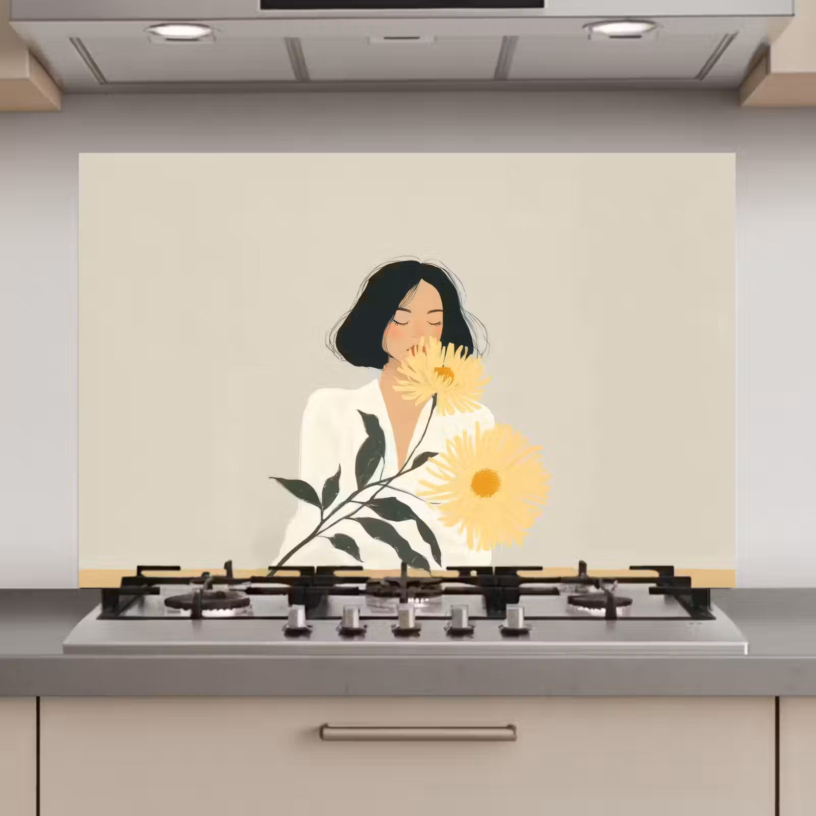 Spatscherm keuken - Vrouw - Bloem - Geel - Minimalistisch — 1