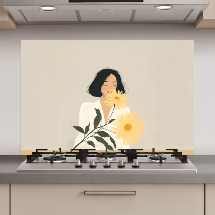 Spatscherm keuken - Vrouw - Bloem - Geel - Minimalistisch — 1