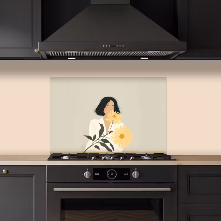Spatscherm keuken - Vrouw - Bloem - Geel - Minimalistisch — 2