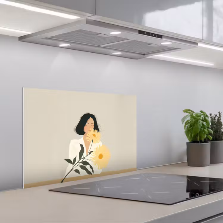 Spatscherm keuken - Vrouw - Bloem - Geel - Minimalistisch — 5
