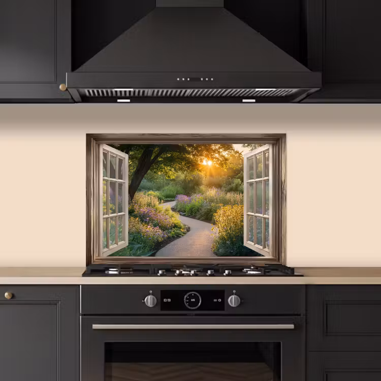 Spatscherm keuken - Doorkijk - Bloemen - Natuur - Zon - Pad — 2