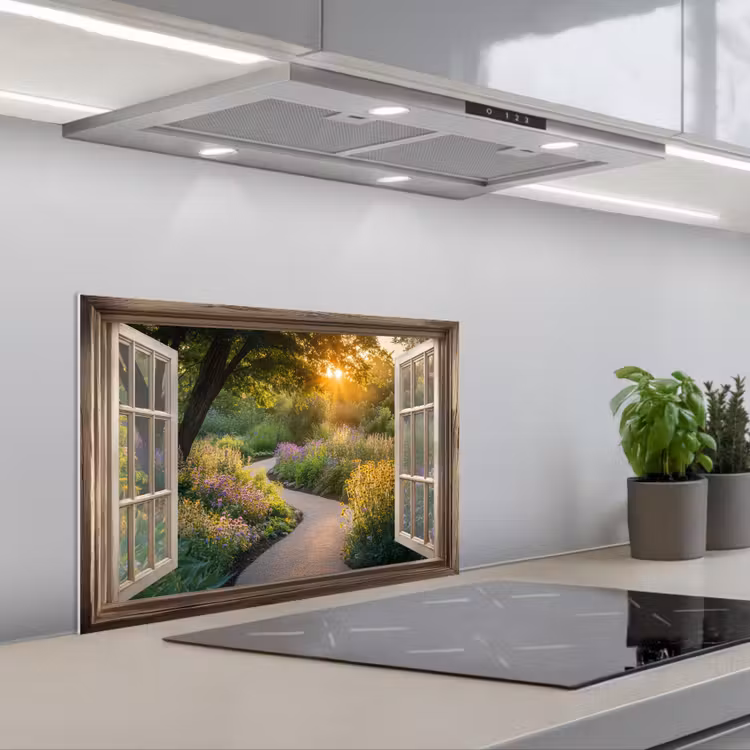 Spatscherm keuken - Doorkijk - Bloemen - Natuur - Zon - Pad — 5
