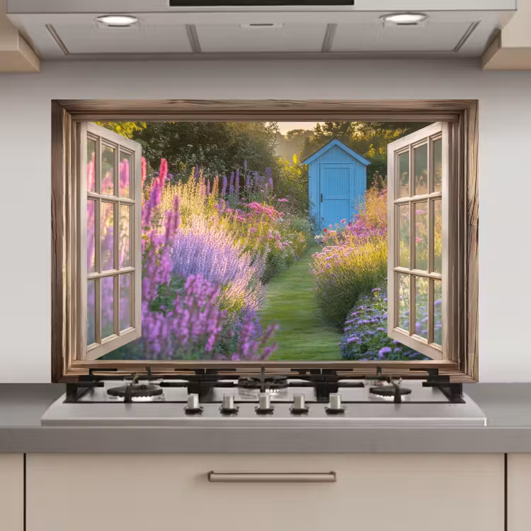 Spatscherm keuken - Doorkijk - Bloemen - Raam - Natuur — 1
