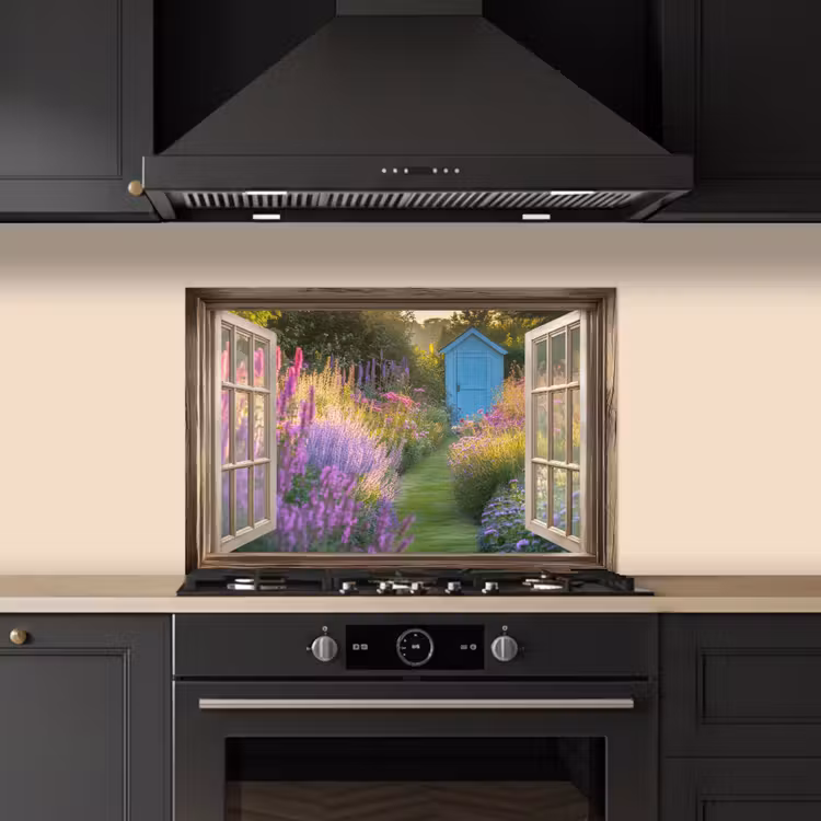 Spatscherm keuken - Doorkijk - Bloemen - Raam - Natuur — 2