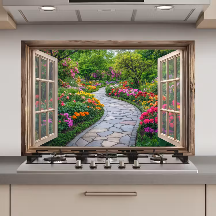 Spatscherm keuken - Doorkijk - Bloemen - Tuinpad - Natuur - Raam — 1