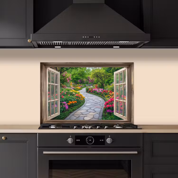 Spatscherm keuken - Doorkijk - Bloemen - Tuinpad - Natuur - Raam — 2