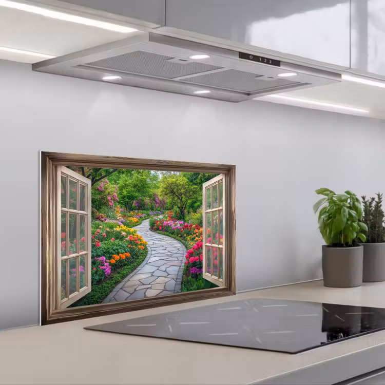 Spatscherm keuken - Doorkijk - Bloemen - Tuinpad - Natuur - Raam — 5