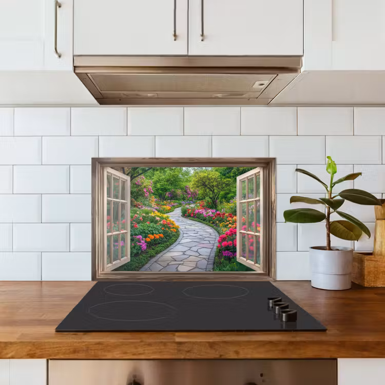 Spatscherm keuken - Doorkijk - Bloemen - Tuinpad - Natuur - Raam — 6