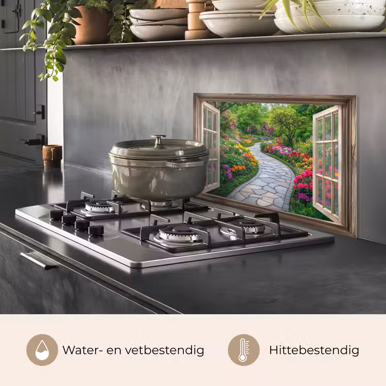 Spatscherm keuken - Doorkijk - Bloemen - Tuinpad - Natuur - Raam — 7