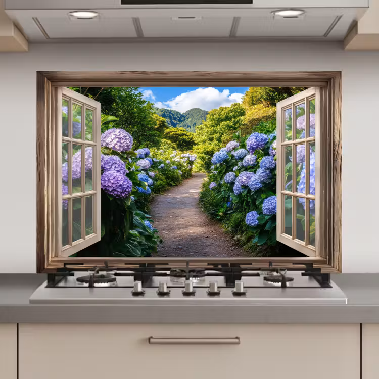 Spatscherm keuken - Doorkijk - Hortensia - Pad - Natuur — 1