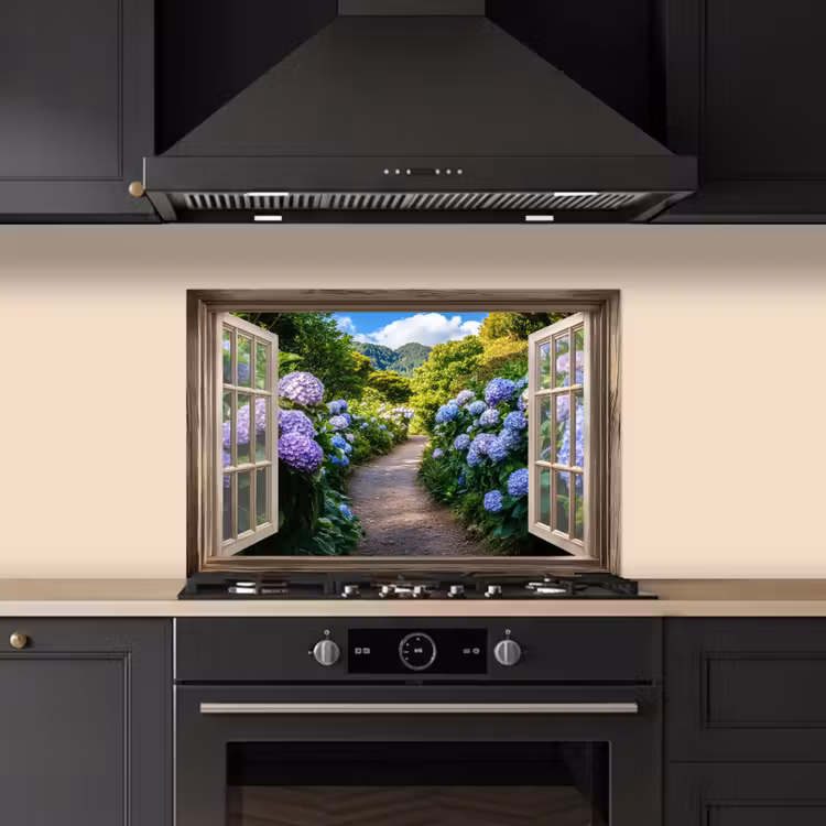 Spatscherm keuken - Doorkijk - Hortensia - Pad - Natuur — 2