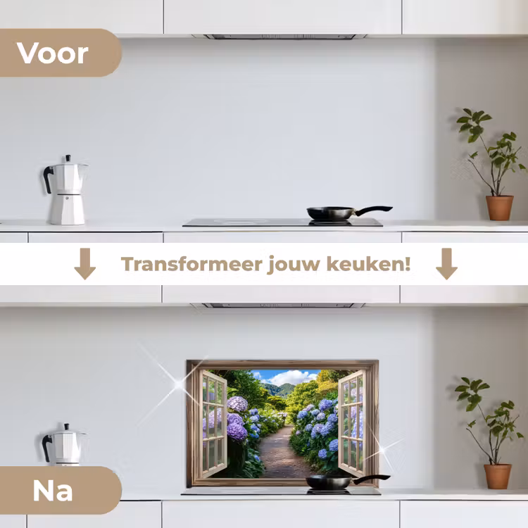 Spatscherm keuken - Doorkijk - Hortensia - Pad - Natuur — 3