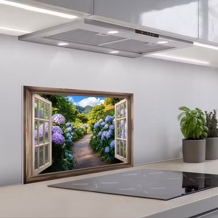 Spatscherm keuken - Doorkijk - Hortensia - Pad - Natuur — 5
