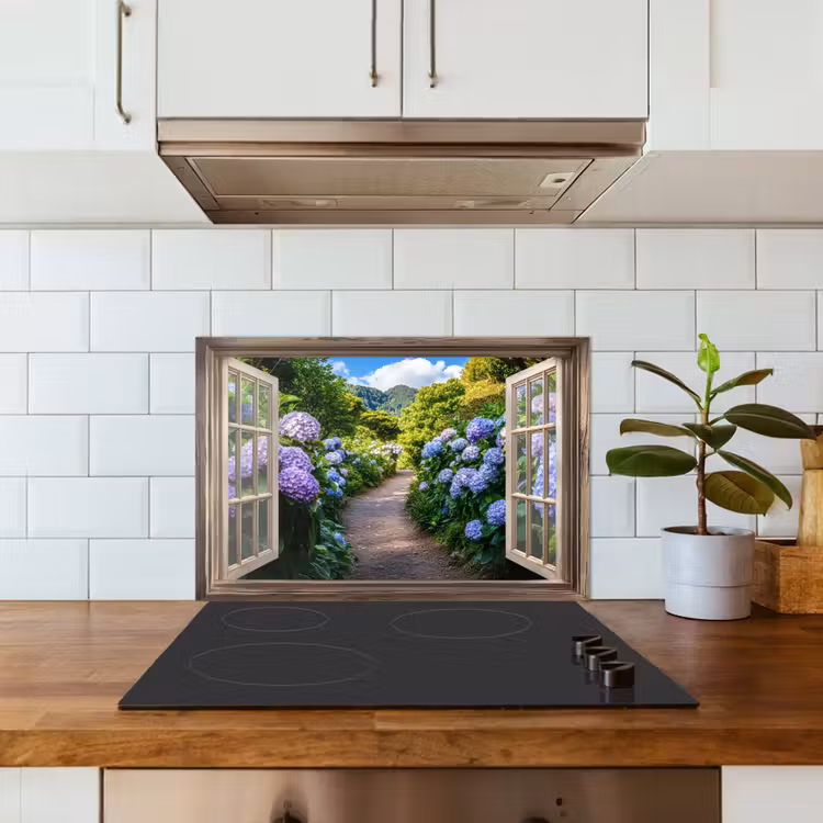 Spatscherm keuken - Doorkijk - Hortensia - Pad - Natuur — 6