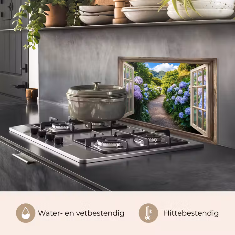 Spatscherm keuken - Doorkijk - Hortensia - Pad - Natuur — 7