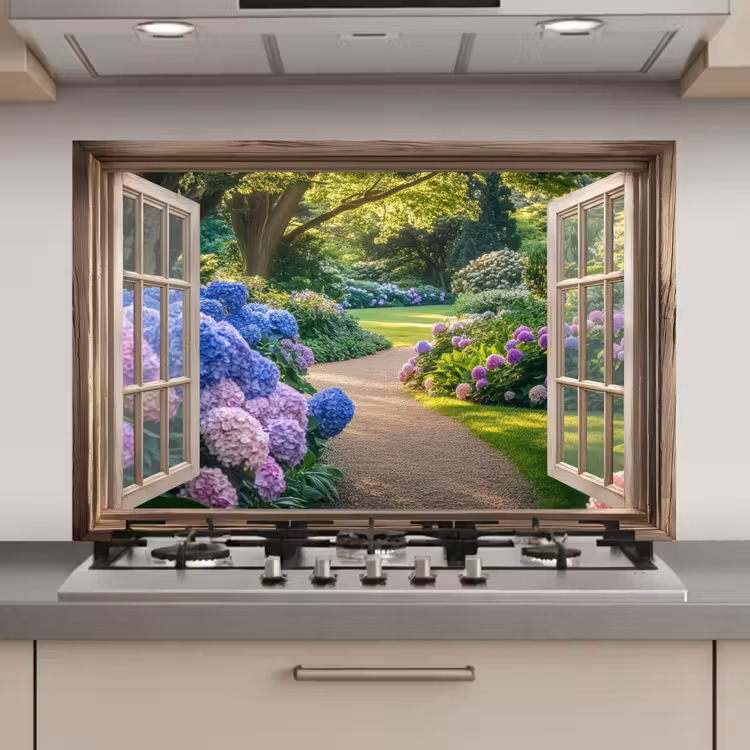 Spatscherm keuken - Doorkijk - Tuin - Raam - Hortensia - Bloemen — 1
