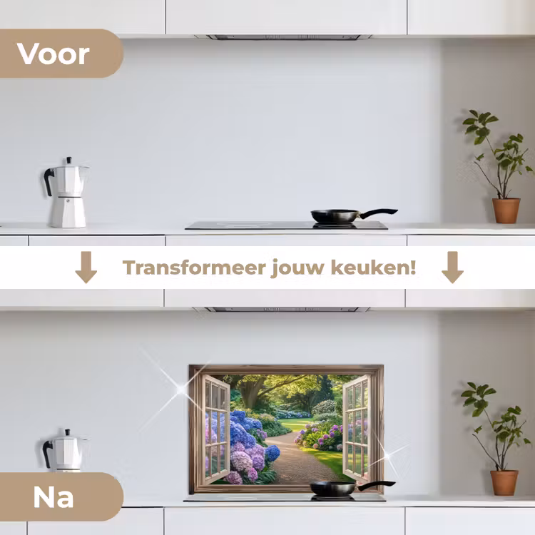 Spatscherm keuken - Doorkijk - Tuin - Raam - Hortensia - Bloemen — 3