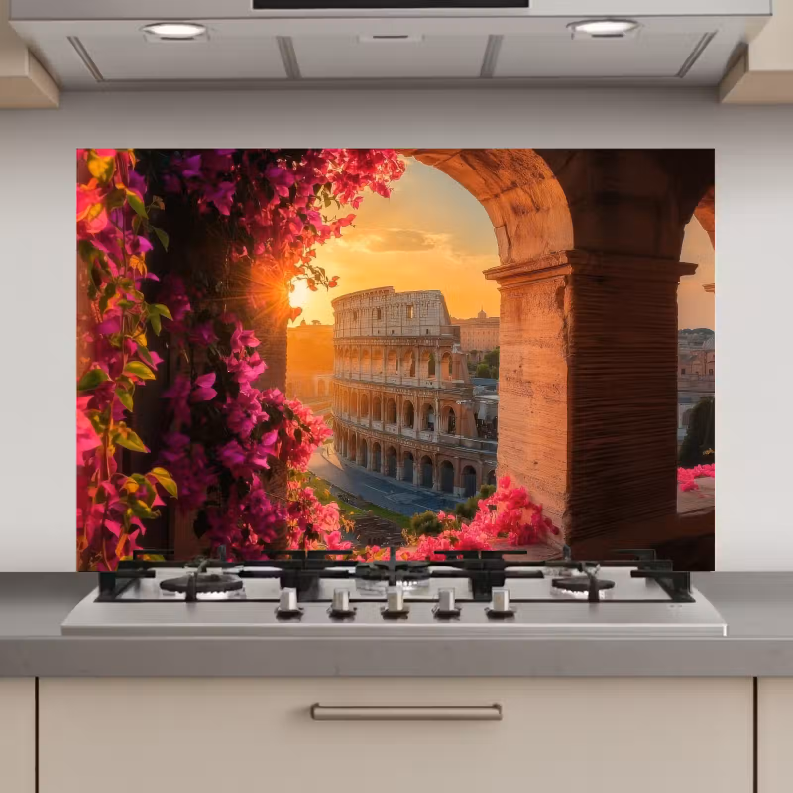 Spatscherm keuken - Colosseum - Rome - Roze Bloemen — 1