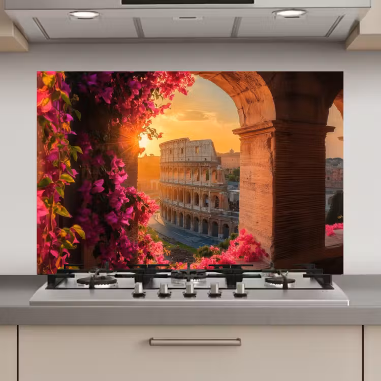 Spatscherm keuken - Colosseum - Rome - Roze Bloemen — 1