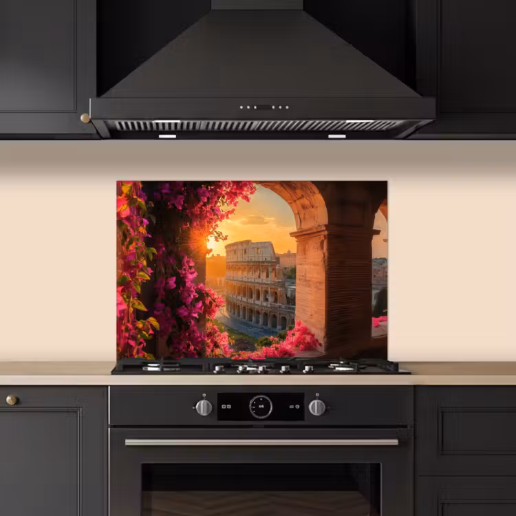 Spatscherm keuken - Colosseum - Rome - Roze Bloemen — 2