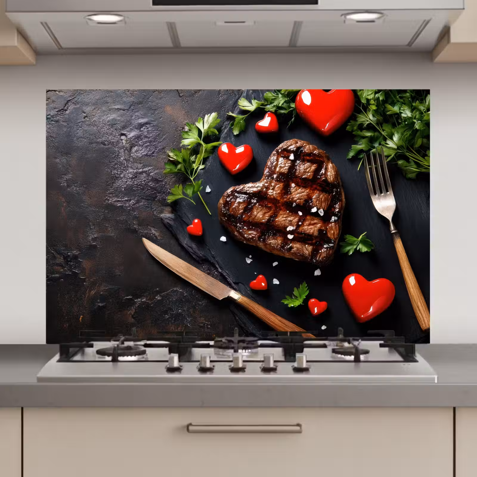 Spatscherm keuken - Steak - Hart - Bestek — 1