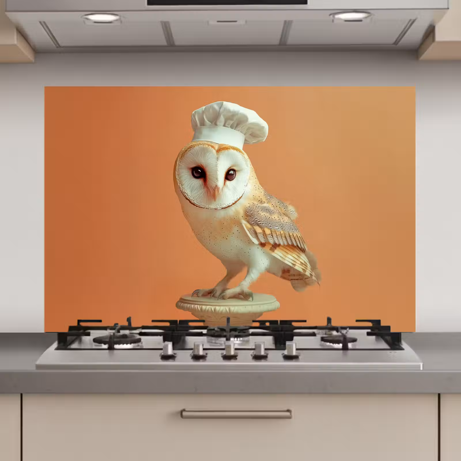 Spatscherm keuken - Kerkuil - Koksmuts - Oranje - Vogel — 1