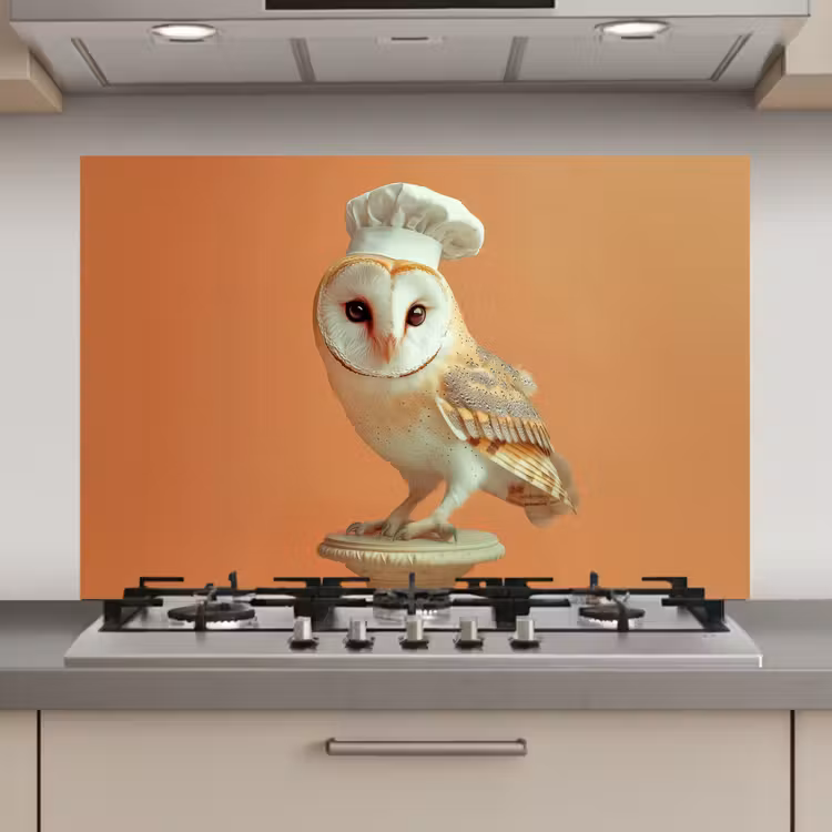 Spatscherm keuken - Kerkuil - Koksmuts - Oranje - Vogel — 1