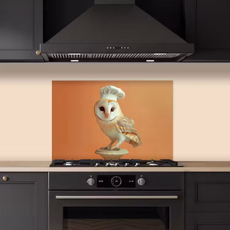 Spatscherm keuken - Kerkuil - Koksmuts - Oranje - Vogel — 2