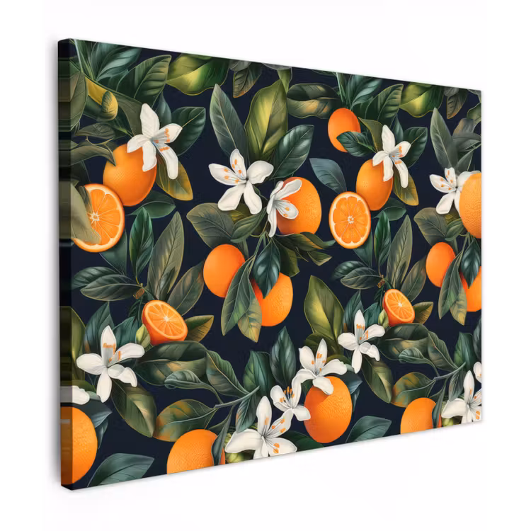 Canvas schilderij - Sinaasappels - Bloesems - Bladeren - Tropisch — 1