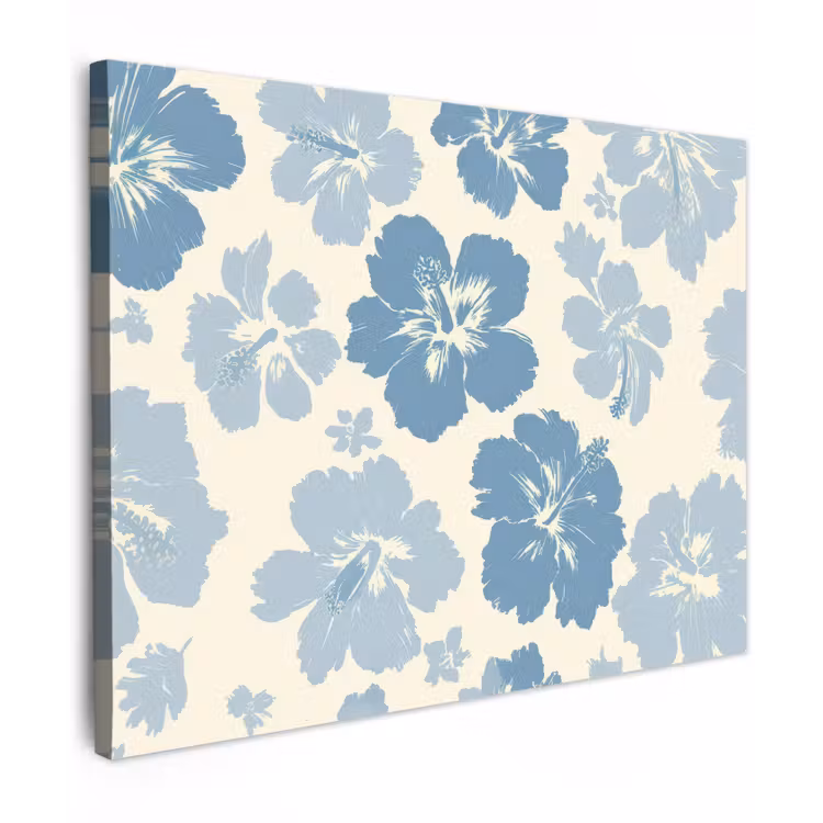 Canvas schilderij - Hibiscusbloemen - Blauw - Patroon - Tropisch — 1