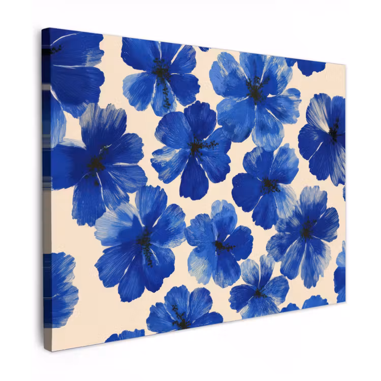 Canvas schilderij - Bloemen - Blauw -Patroon - Wit — 1