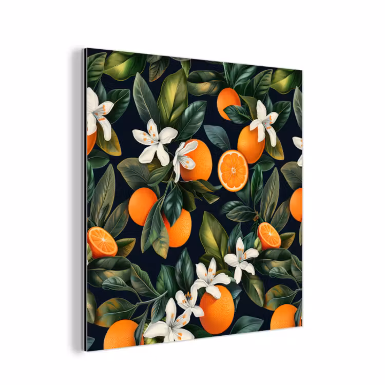 Aluminium schilderij - Sinaasappels - Bloesems - Bladeren - Tropisch — 1