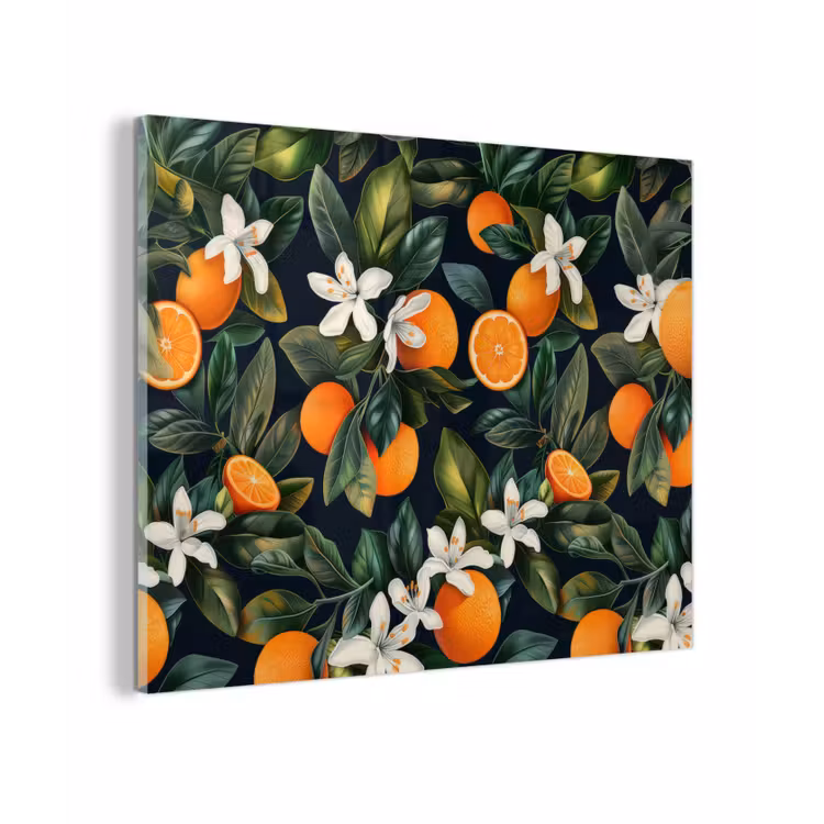 Glas schilderij - Sinaasappels - Bloesems - Bladeren - Tropisch — 1