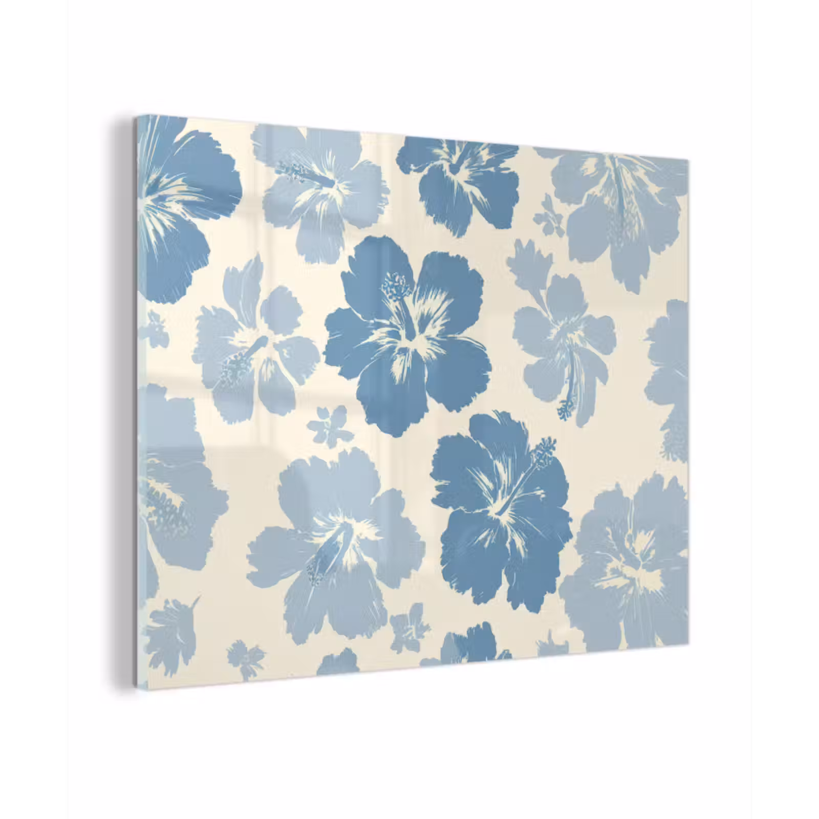 Glas schilderij - Hibiscusbloemen - Blauw - Patroon - Tropisch — 1
