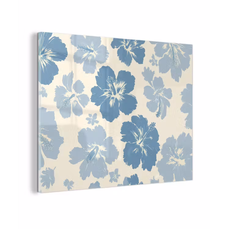 Glas schilderij - Hibiscusbloemen - Blauw - Patroon - Tropisch — 1