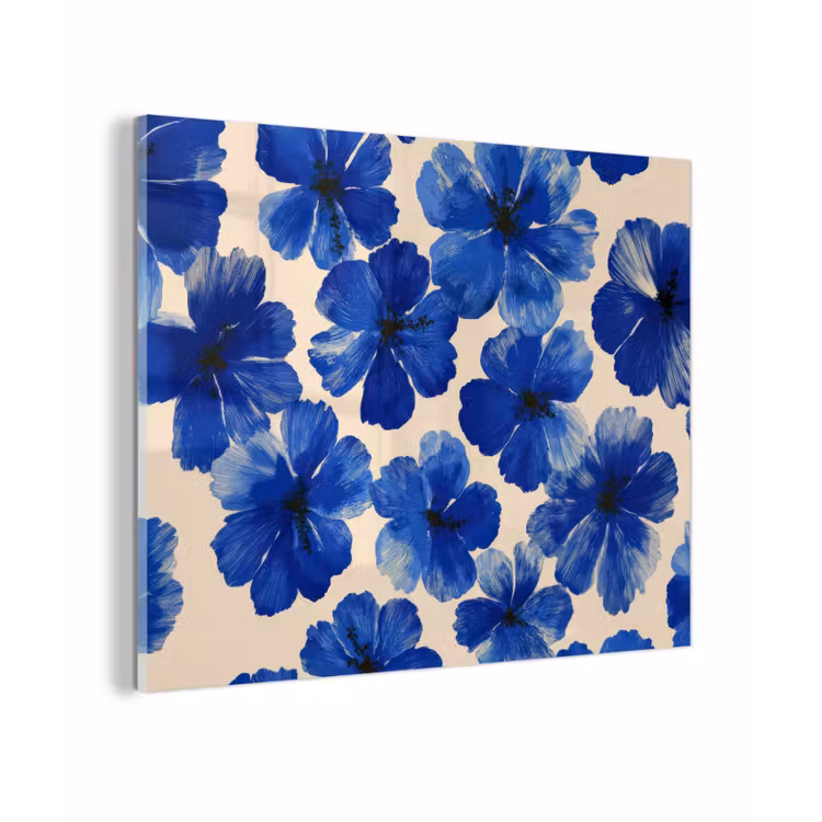 Glas schilderij - Bloemen - Blauw -Patroon - Wit — 1