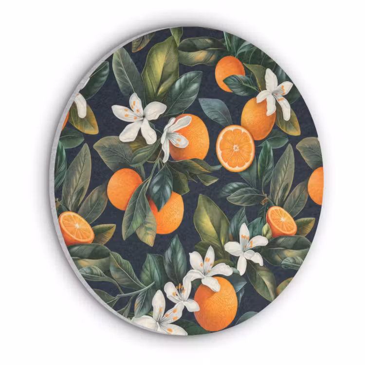 Akoestisch schilderij rond - Sinaasappels - Bloesems - Bladeren - Tropisch — 1