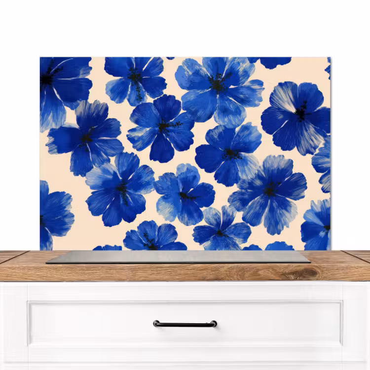 Spatscherm keuken - Bloemen - Blauw -Patroon - Wit — 1