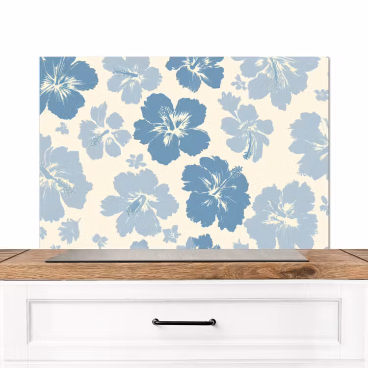 Spatscherm keuken - Hibiscusbloemen - Blauw - Patroon - Tropisch — 1