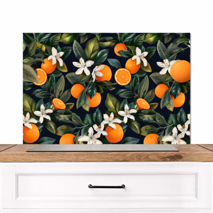Spatscherm keuken - Sinaasappels - Bloesems - Bladeren - Tropisch — 1