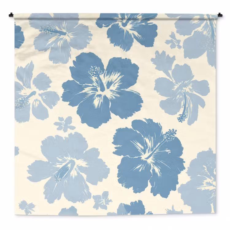 Wandkleed - Hibiscusbloemen - Blauw - Patroon - Tropisch — 1