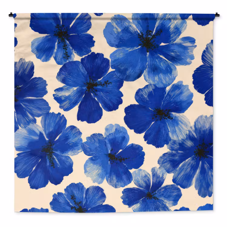 Wandkleed - Bloemen - Blauw -Patroon - Wit — 1