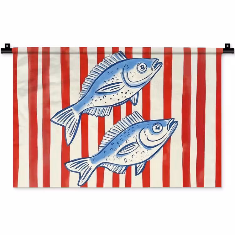 Wandkleed - Vissen - Verticale strepen - Blauw - Rood — 1