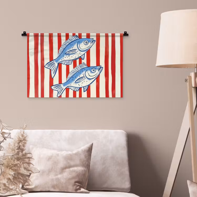 Wandkleed - Vissen - Verticale strepen - Blauw - Rood — 2