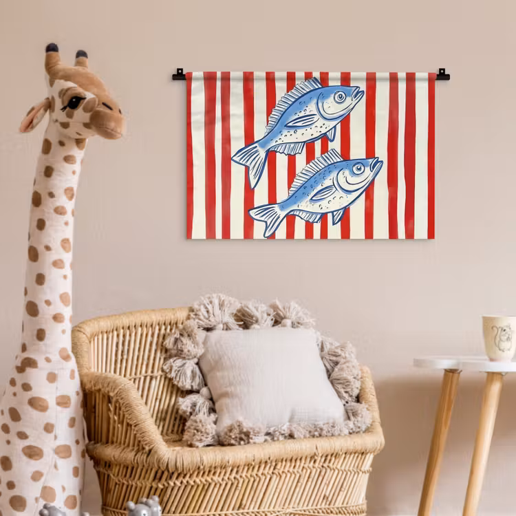 Wandkleed - Vissen - Verticale strepen - Blauw - Rood — 5