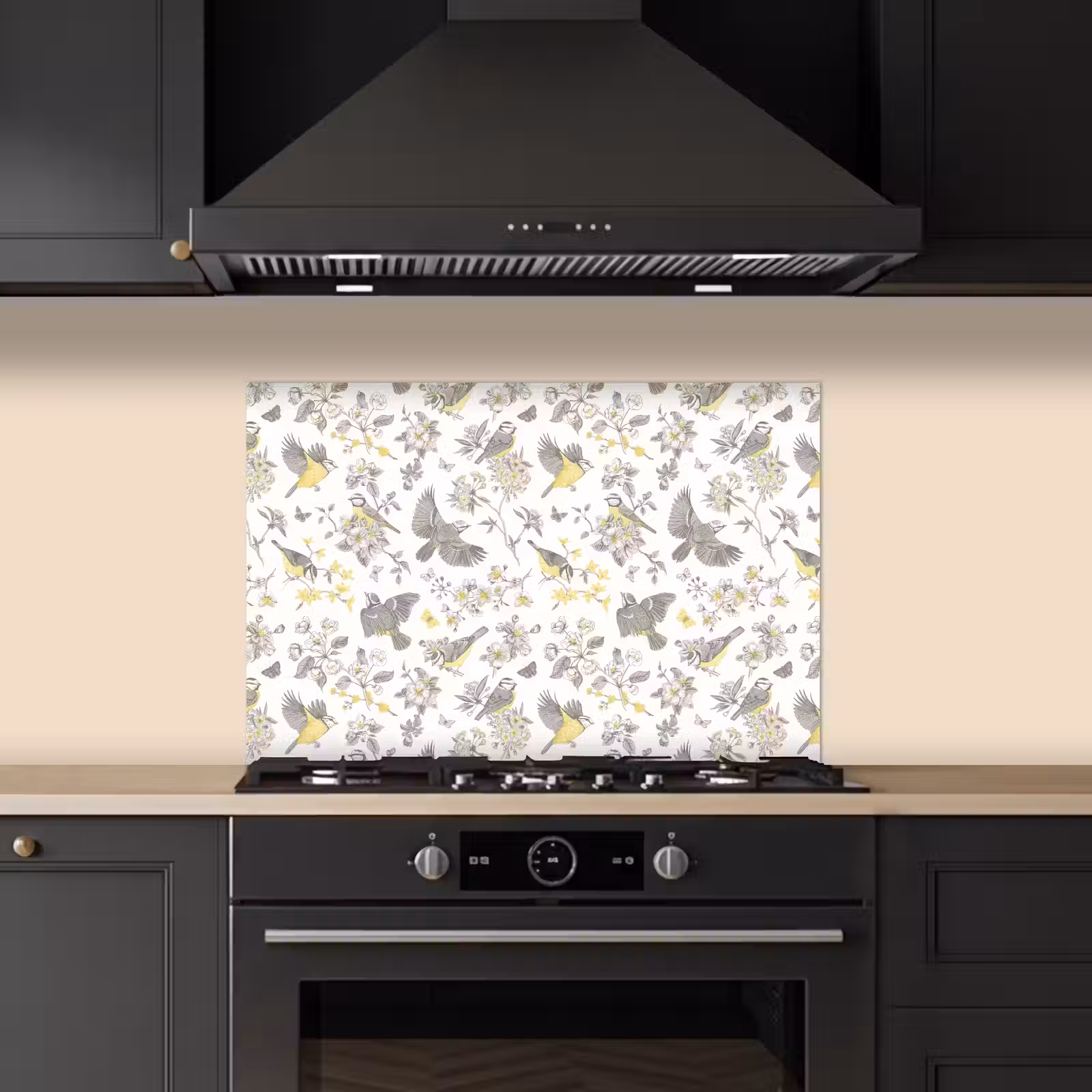 Spatscherm keuken - Birds - Flowers - Gray - Yellow — 1