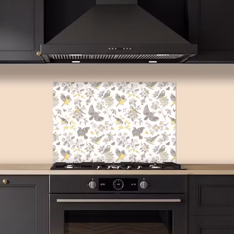 Spatscherm keuken - Birds - Flowers - Gray - Yellow — 1