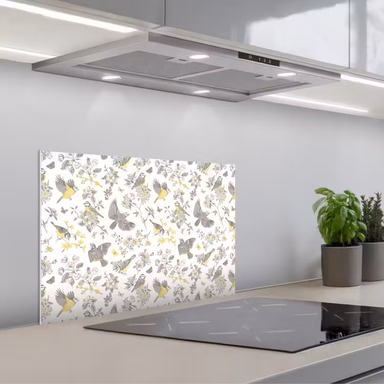 Spatscherm keuken - Birds - Flowers - Gray - Yellow — 4