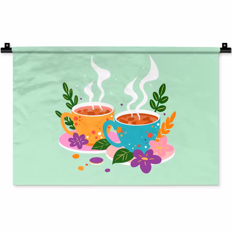Wandkleed - Thee - Illustratie - Kopjes - Bloemen — 1
