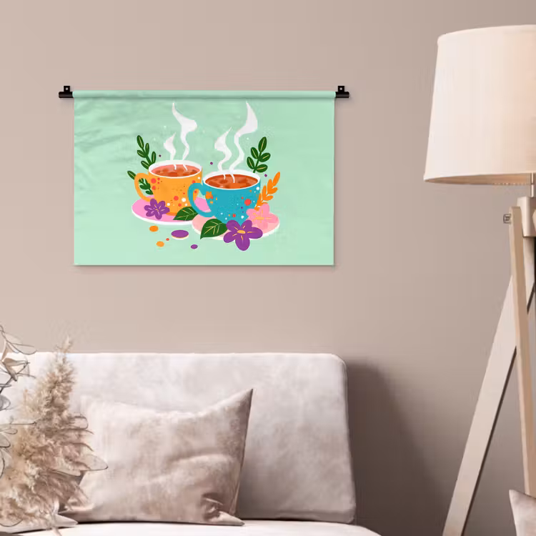 Wandkleed - Thee - Illustratie - Kopjes - Bloemen — 2